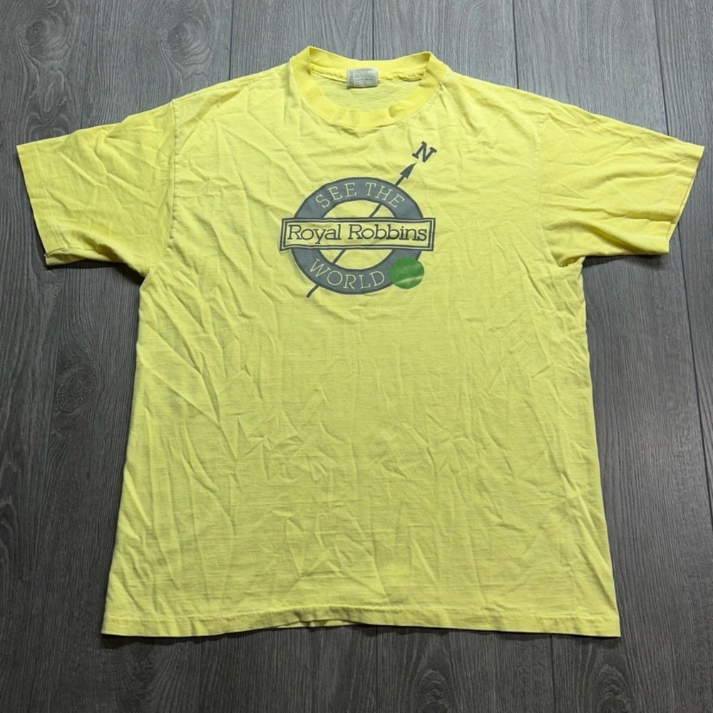 Vintage Royal Robbins See The World Large T-Shirt Yellow Hanes Beefy-T 80s USA